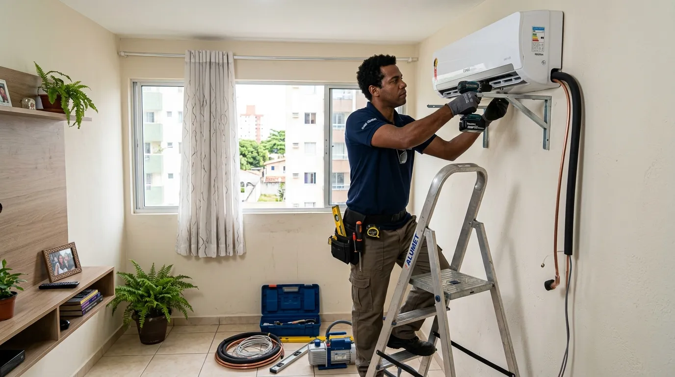 Técnico instalando ar condicionado em residência em Belém