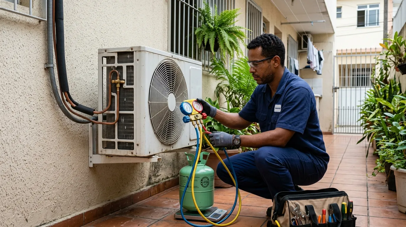 Técnico realizando carga de gás refrigerante em ar condicionado em Belém