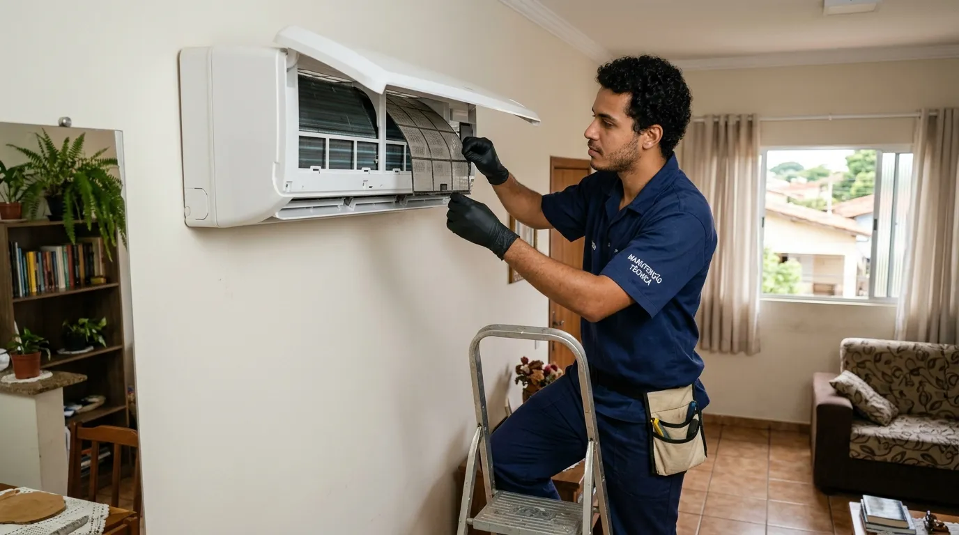 Técnico realizando limpeza de filtros de ar condicionado em Belém