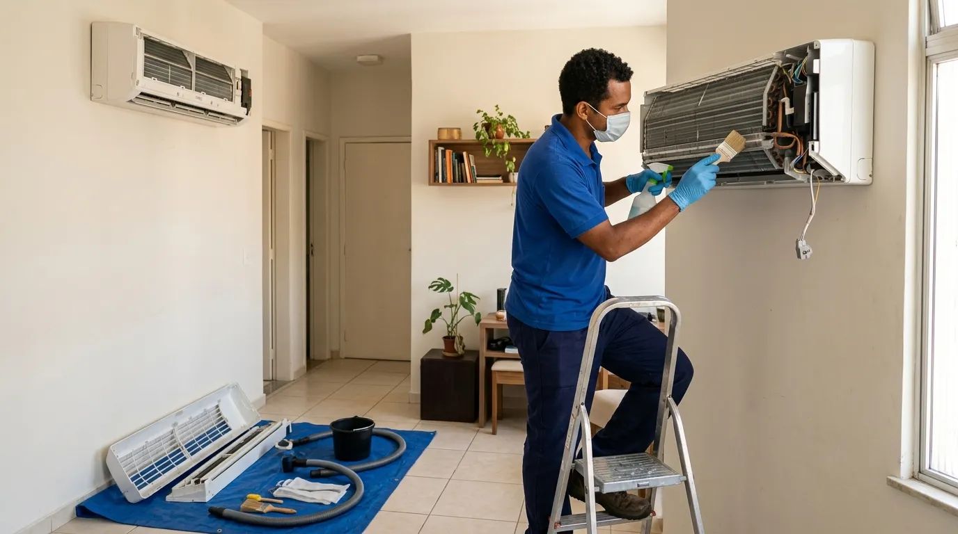 Técnico realizando manutenção preventiva em ar condicionado em Belém